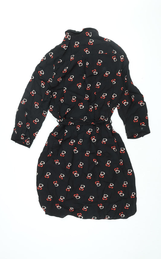 Dorothy Perkins Womens Black Geometric Viscose Shirt Dress Size 12 Collared Button - Belted, Heart Print