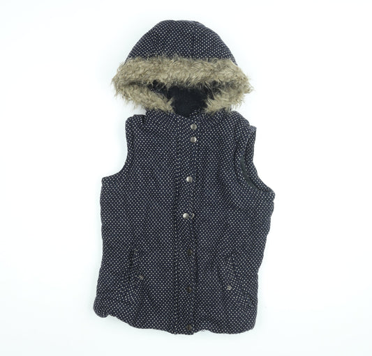 By Henry Holland Womens Blue Polka Dot Gilet Coat Size 10 Zip - Faux Fur Hood