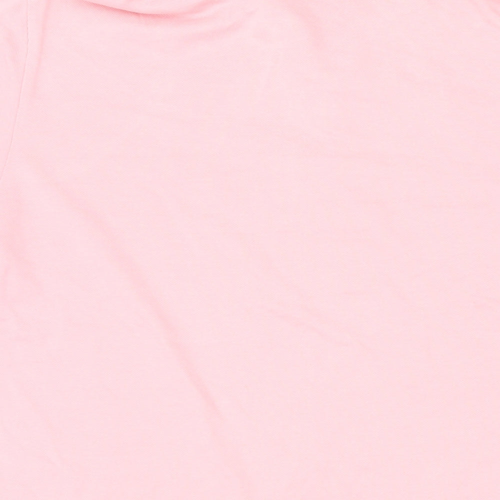 Brand and care label for Addidas women’s pink cotton basic polo, size L, collared