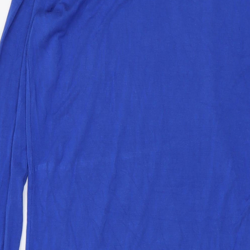 Brand and care label for LTS Basic women’s blue viscose tunic blouse, size M, round neck