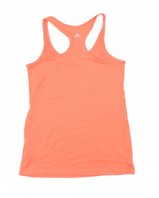 Back view of Addidas women’s orange cotton basic t-shirt, size S, scoop neck - addidas logo