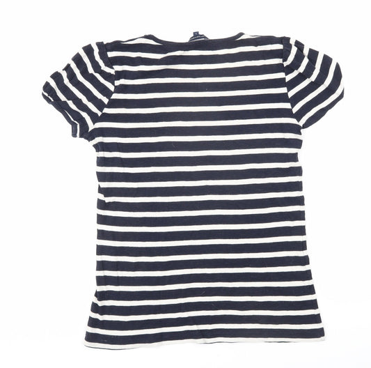 French Connection Womens Blue Striped 100% Cotton Basic T-Shirt Size L Scoop Neck