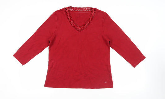 DASH Womens Red Cotton Basic Blouse Size 12 V-Neck - Beaded Neckline