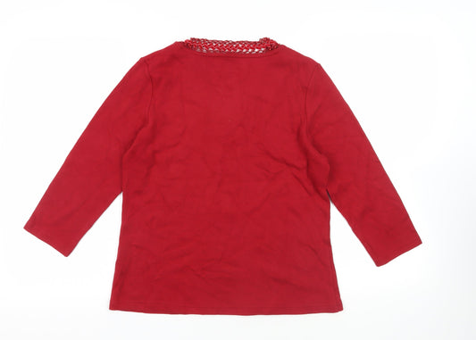 DASH Womens Red Cotton Basic Blouse Size 12 V-Neck - Beaded Neckline