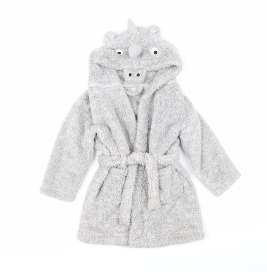 John Lewis Boys Grey Solid 100% Polyester Robe Size 3 Years Tie - Dinosaur hood
