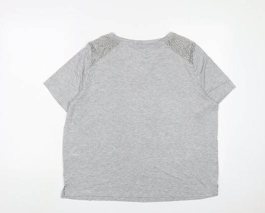 Marks and Spencer Womens Grey Viscose Basic T-Shirt Size L V-Neck Pullover - Lace