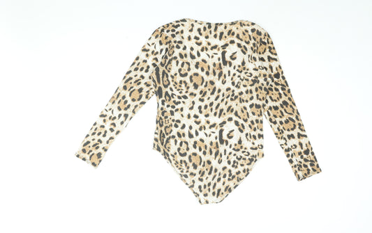 Boohoo Womens Beige Animal Print Viscose Bodysuit One-Piece Size 14 Snap - Leopard Print