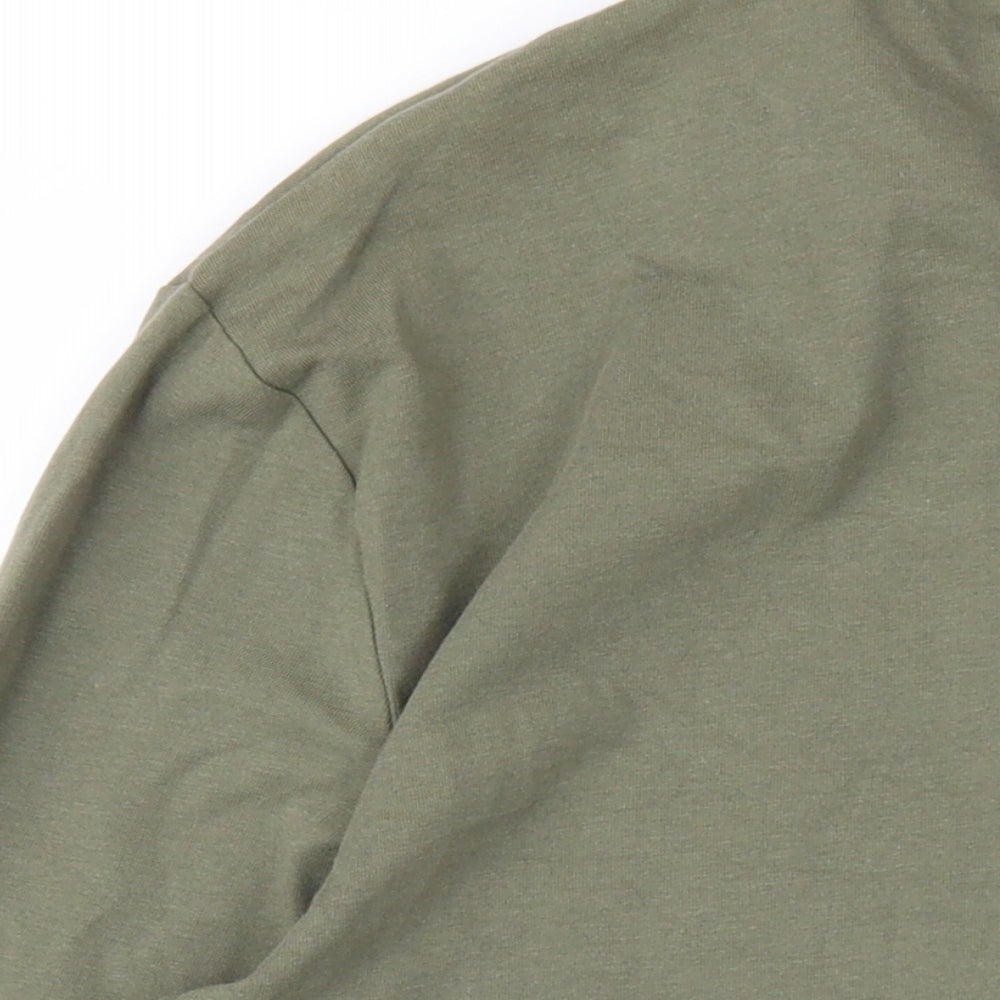 Brand and care label for ASOS men’s green cotton button-up, size L, collared button