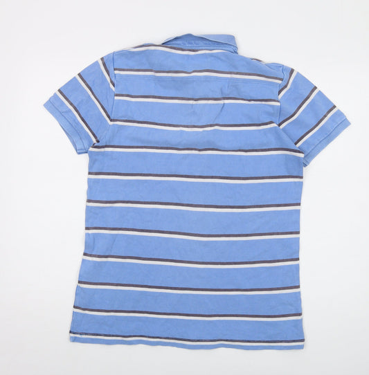 French Connection Mens Blue Striped Cotton Polo Size M Collared Button