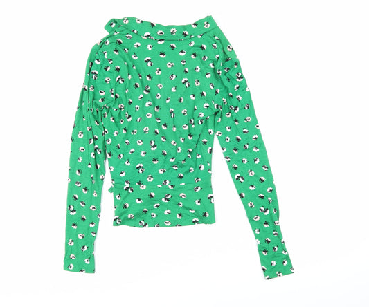 Miss Selfridge Womens Green Floral Viscose Wrap T-Shirt Size 4 Collared - Flowers