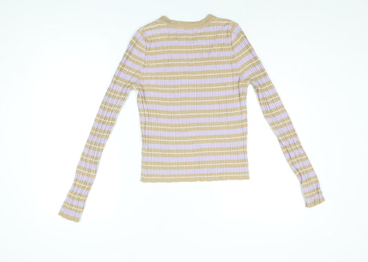 ASOS Womens Beige Striped Acrylic Basic T-Shirt Size 14 Round Neck