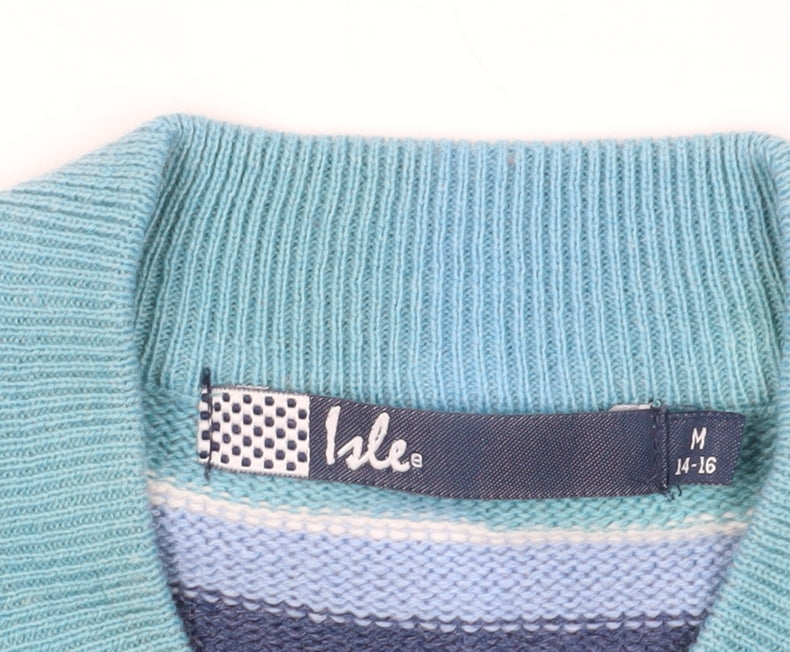 Brand and care label for Isle Blue Striped jumper, size M, V-Neck Winter