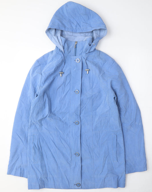 Additional front view of EMW women’s blue parka coat, size UK 10, button - vintage