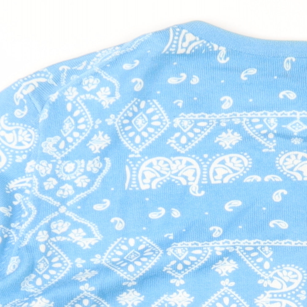 Lands' End Womens Blue Round Neck Paisley Cotton Cardigan Jumper Size L