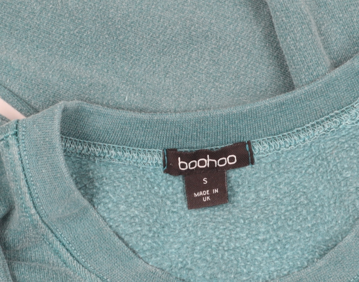 Brand and care label for Boohoo Green Los Angeles Graphic Sweatshirt, size S