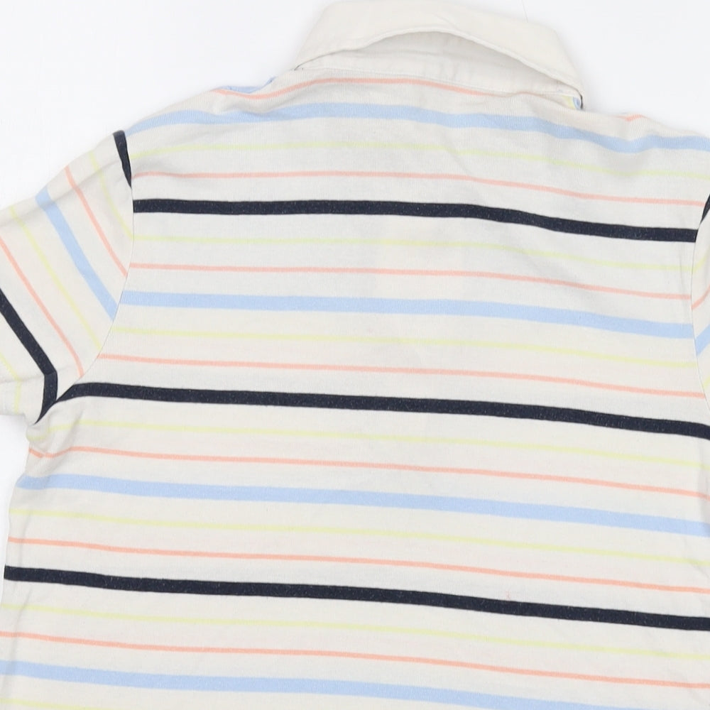 Brand and care label for Maine New England women’s multicoloured striped cotton basic polo, size UK 12, collared
