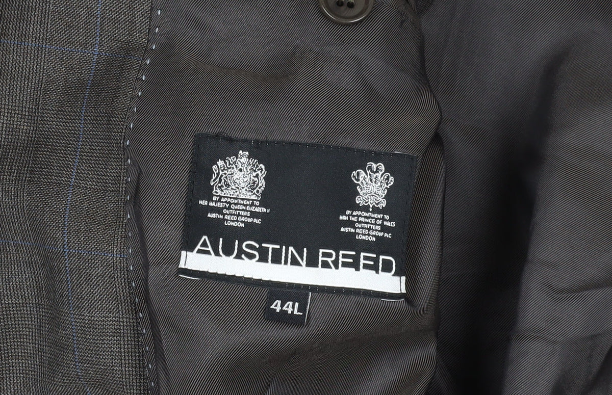 Brand and care label for Austin Reed Brown Wool Blazer 44L Check Pattern
