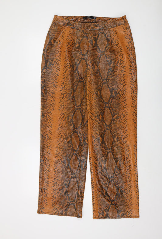 Additional front view of Missguided women’s orange animal print polyurethane trousers, size UK 12, 28-inch leg regular zip
