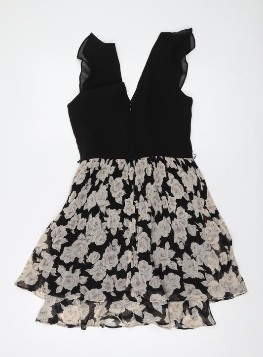 Oasis Womens Black Floral Polyester A-Line Size 6 V-Neck Zip