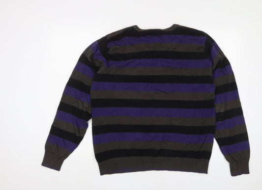 Dissident Mens Purple Crew Neck Striped Cotton Pullover Jumper Size XL Long Sleeve - Logo