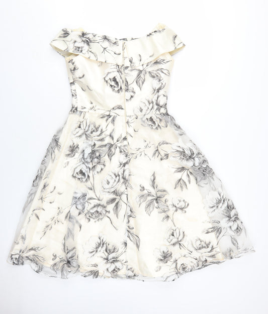 Chi Chi Womens Ivory Floral Polyester A-Line Size 10 Off the Shoulder Zip