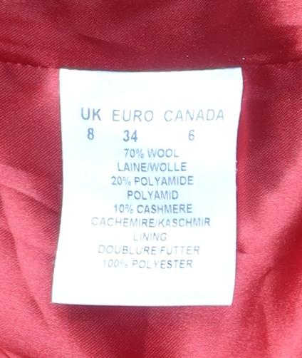 Womens UK Size 8 Planet Red Overcoat