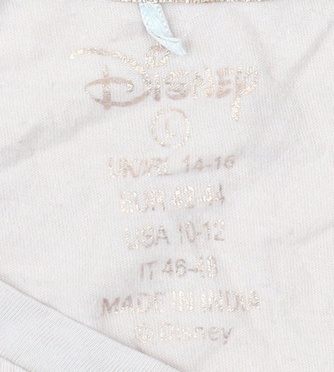 Brand and care label for Disney Beige Sequin T-Shirt, unisex, size 12-14, cotton
