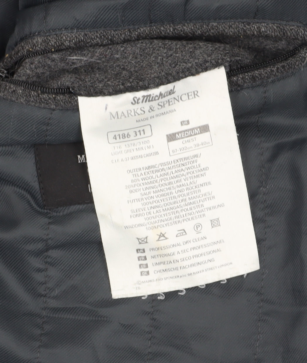 Mens UK Size M Marks and Spencer Grey Basic Jacket