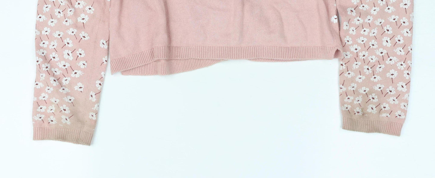 H&M Girls Pink Floral Cardigan 8Y Cotton Knit Long Sleeve