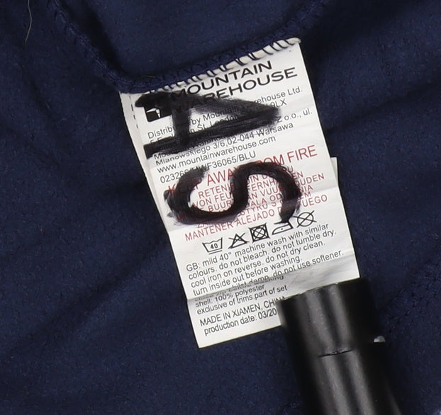 Brand and care label for Mountain Warehouse boys’' blue fleece jacket 11-12y