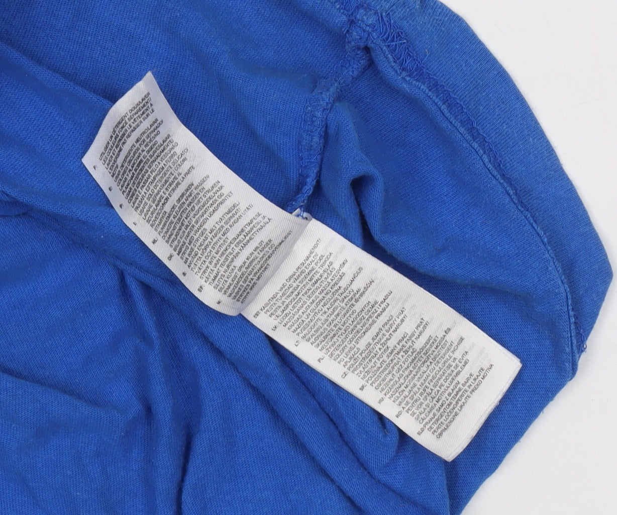 Brand and care label for Adidas Men's Blue Logo T-Shirt, size S, Casual Wear