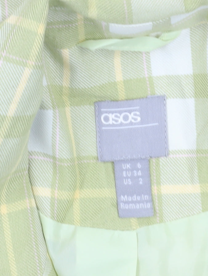 Brand and care label for ASOS Women's Green Check Double-Breasted Blazer, size 6