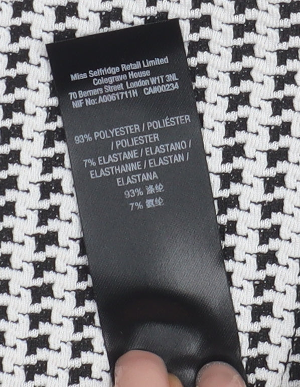 Brand and care label for Miss Selfridge Women's Black Herringbone Pencil Skirt, size 6