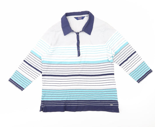 Additional front view of Honor Millburn unisex white striped polo, size S