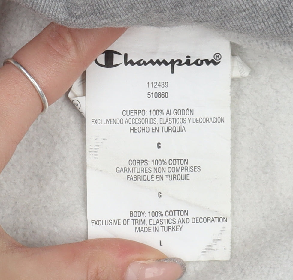 Brand and care label for Champion unisex grey pullover hoodie l cotton