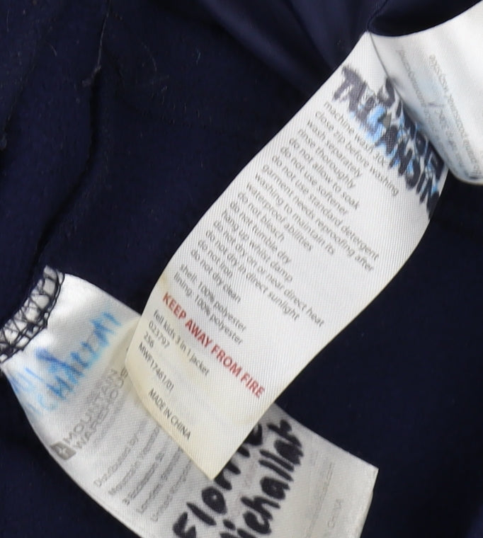 Brand and care label for Mountain Warehouse boys’ 3-in-1 blue jacket 11-12 years