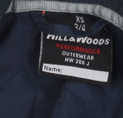 Brand and care label for Hill & Woods boys’ blue puffer jacket xs winter coat