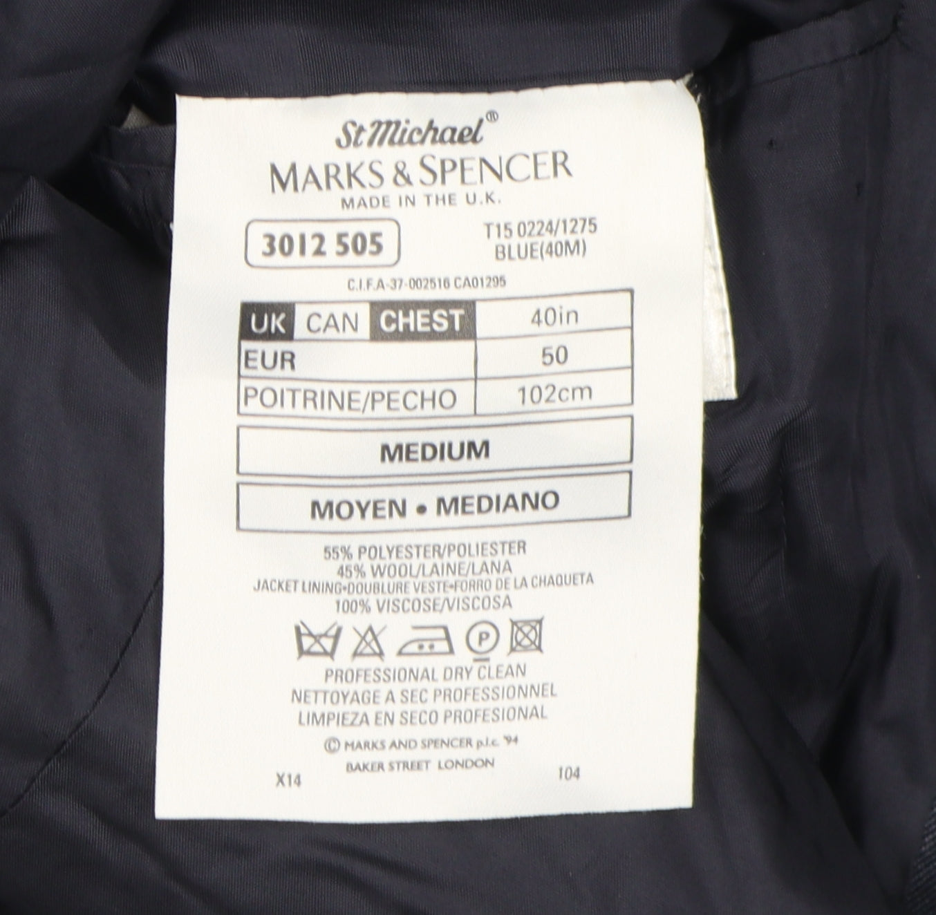 Mens UK Size 40 Marks and Spencer Regular Blue Suit Jacket