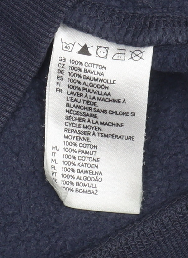 Brand and care label for H&M unisex blue pullover hoodie, size 12