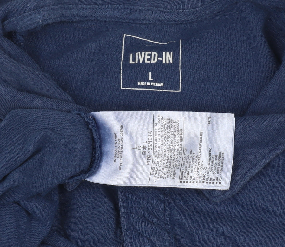 Close-up detail of Lived-In Men's Blue Polo Shirt, size L, Short Sleeve