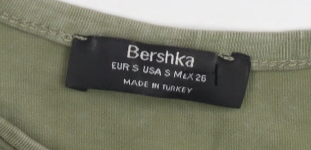 Bershka Women Green S Basic Crew Neck Studded Tee