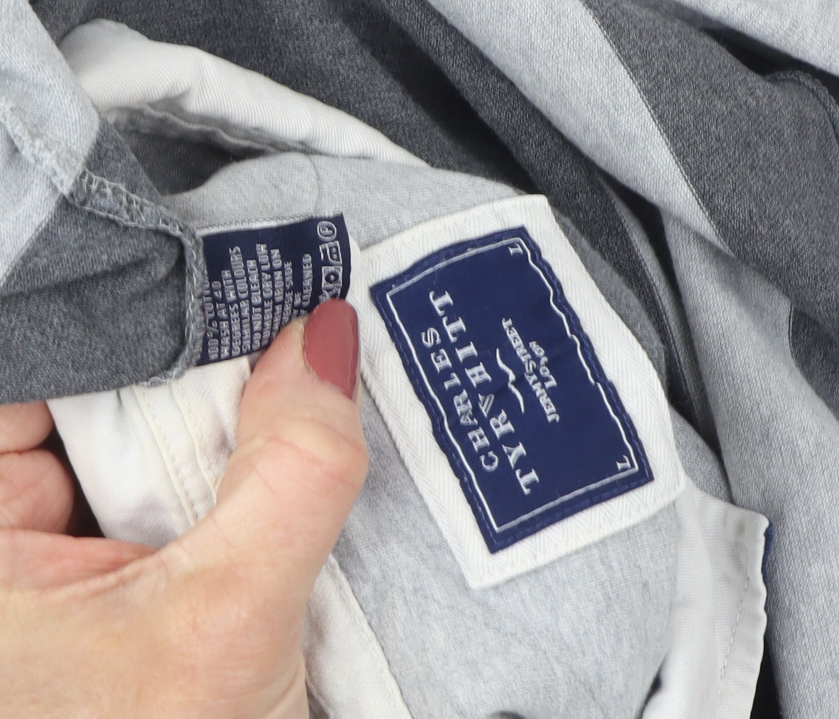 Charles Tyrwhitt Men's Grey Striped Long Sleeve Polo L