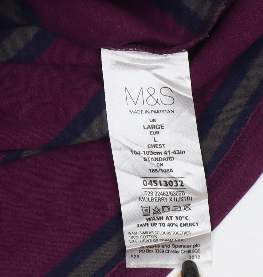 Marks and Spencer Men's Purple Striped Polo L
