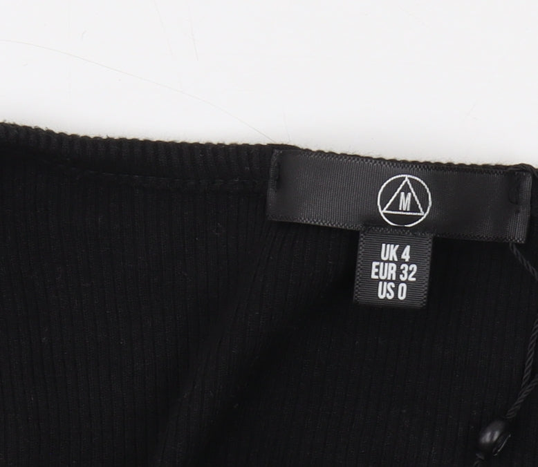 Brand and care label for Missguided Women's Black Long Sleeve Bodysuit, size 4