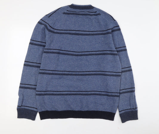 Marks and Spencer Men's Blue Striped V-Neck Jumper M