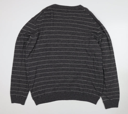 Marks and Spencer Men's Grey Striped V-Neck Jumper XL