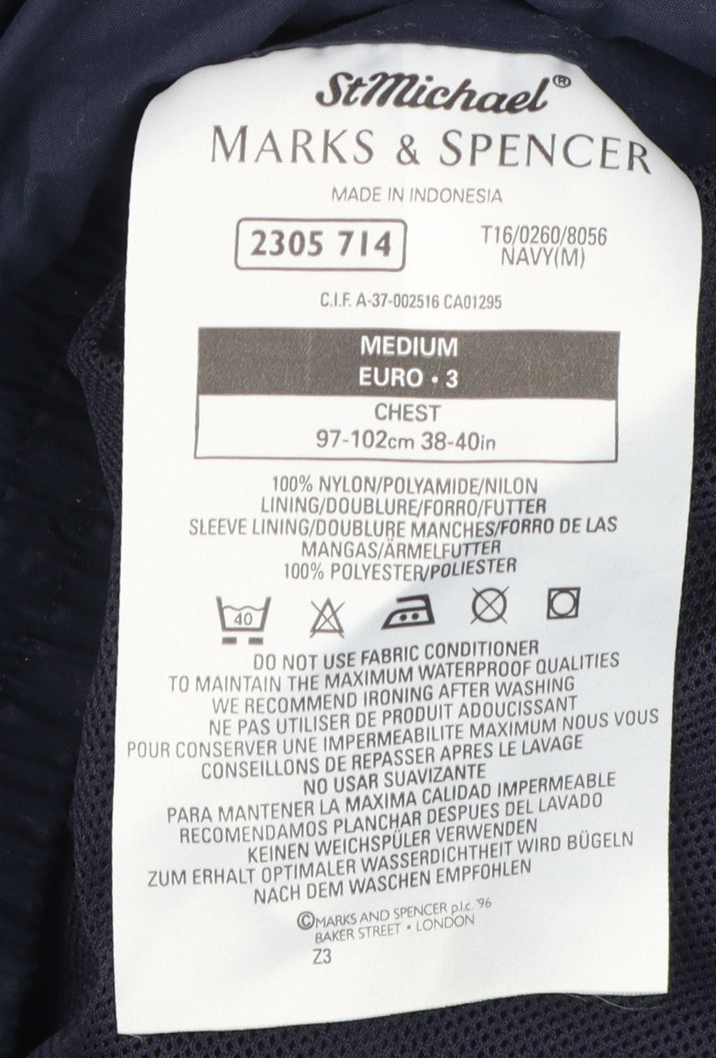 Mens UK Size M Marks and Spencer Blue Windbreaker Coat
