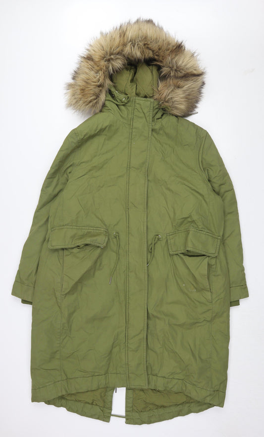 H&M Women's Green Parka Coat Size S Hooded Fur Trim