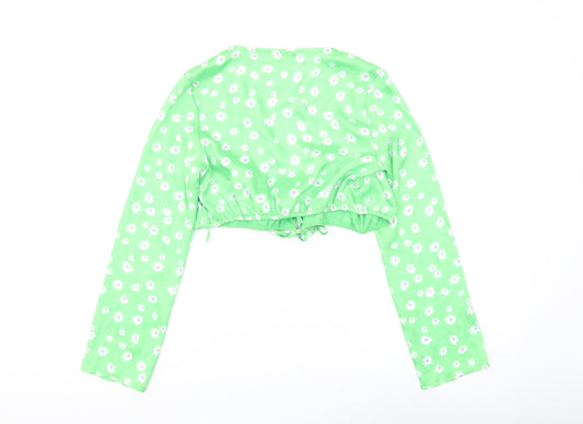 Bershka Women's Green Floral Crop Top XS