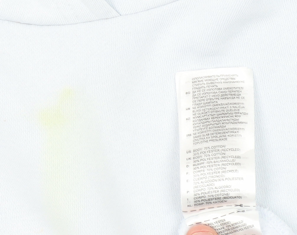 Brand and care label for Adidas unisex white hoodie, size 10, casual pullover
